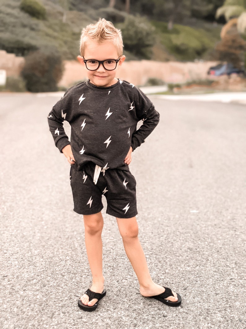 NEW BOYS Charcoal Lightning Bolt Set, Long Sleeve Set, matching long sleeve top and shorts, toddler bolt set, boys clothing set image 3