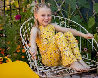 Girls' Golden Floral Halter Top and Bell Bottom Set