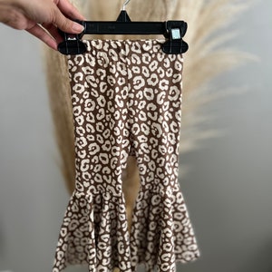 NEW!!  Khaki Leopard Flared Pant, Leopard Bell Bottoms, Girls Tan Pants, Beige Toddler Flares, Retro Leopard Bellbottoms, Animal Print Pants
