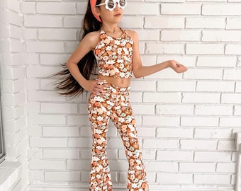 Girls Boho Top and Bell Bottom Set, Watercolor Floral Girls Fashion