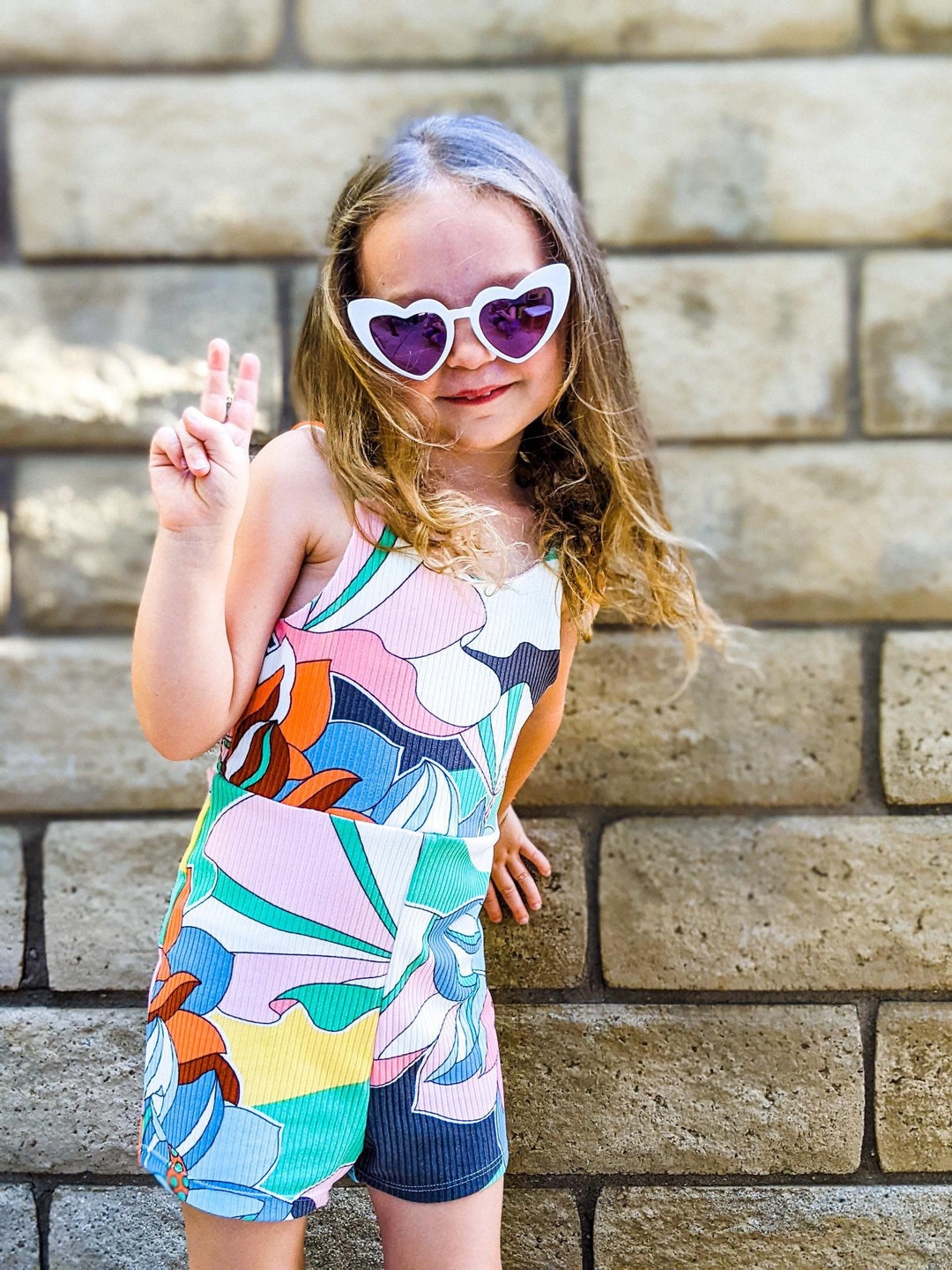 Girls Color Pop Rib Knit Romper: Geometric Print, Spaghetti Strap - Etsy