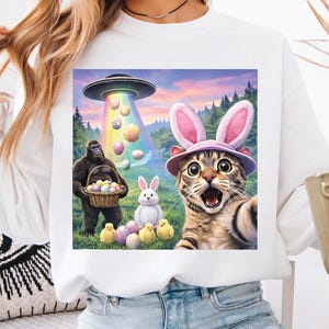 Funny Easter Cat Selfie PNG, UFO Easter Eggs Abduction, Bigfoot Easter Bunny Shirt Design, Cute Easter PNG, Easter Meme Graphic,