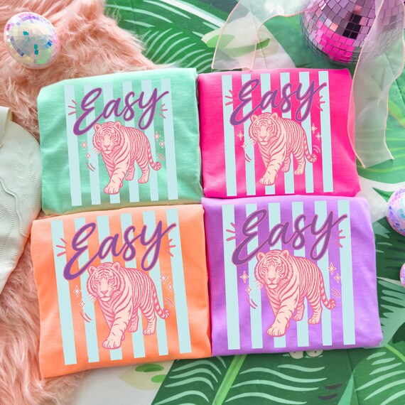 Easy Tiger PNG Preppy Girly Design Pink Tiger Graphic Summer Coastal Stripes Trendy Women Aesthetic Sublimation Download PNG
