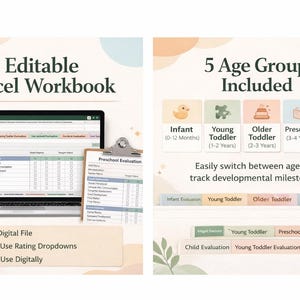 May include: An editable Excel workbook for tracking developmental milestones. The image shows a laptop displaying the workbook, a clipboard with a preschool evaluation form, and icons for five age groups: infant, young toddler, older toddler, preschool, and pre-K.