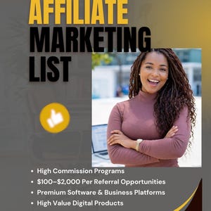 May include: A promotional graphic with the text "High Ticket Affiliate Marketing List." The image features a smiling woman with long, curly hair, wearing a mauve turtleneck. Bullet points list "High Commission Programs" and "$100-$2,000 Per Referral Opportunities."