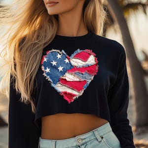 Faux patchwork VS hart - crop sweater, shirt 4 juli, 250 jaar vrijheid, trending 4 juli VS jubileum, Amerikaans patriottisch