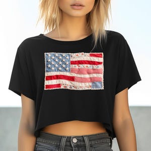 Amerikaanse vlag namaak patchwork - crop vloeiende tee, shirt 4 juli, 250 jaar vrijheid, trending 4 juli VS jubileum, Amerikaans patriottisch