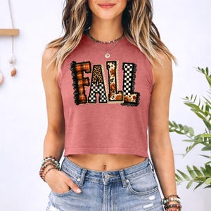 Retro Fall Patchwork - Crop Racerback Tank, Fall Autumn Leaves, Pumpkin Spice Coffee, Cozy Fall Shirt, Flannels Season, Pumpkin Patch Tee
