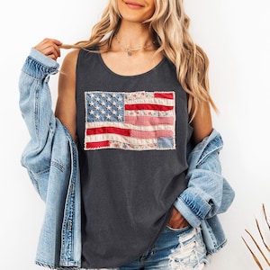 Amerikaanse vlag namaakpatchwork - comfortkleuren tanktop, shirt 4 juli, 250 jaar vrijheid, trending 4 juli Amerikaanse vlag, shirt VS jubileum