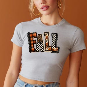 Retro Fall Patchwork - Baby Tee BC, Fall Autumn Leaves, Pumpkin Spice Coffee, Cozy Fall Shirt, Flannels Season, Pumpkin Patch Tee