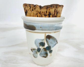 Vintage Stoneware Spice Jar with Original Cork Lid (Oregano), Blue Botanical Leaf Pottery
