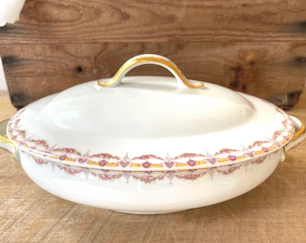 Antique Limoges Tureen, Pink Floral Gold Gilt Serving Dish, Wm Guerin France, Rare Double Maker’s Mark