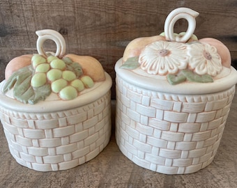 Vintage Set Fruit & Floral Basket Canister Set, Ceramic Farmhouse Kitchen Jars