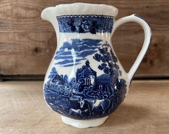 Adams English Ironstone Creamer, Blue and white Equestrian Horse Scene, Farmhouse Country Cottage Decor
