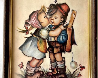Evans Hummel Style First Kiss Lithograph, Mid Century Framed Print, Kitsch Nursery Art