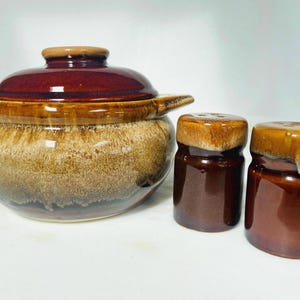 Vintage Brown Mirror Drip Glaze Bean Pot and Shaker Set, MCM Stoneware Kitchen Decor