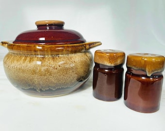 Vintage Brown Mirror Drip Glaze Bean Pot and Shaker Set, MCM Stoneware Kitchen Decor