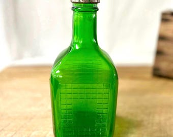Emerald Green Glass Bottle, Waffle Pattern, Metal Leather Lid, 1940s Apothecary Jar