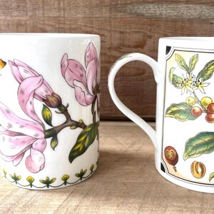 May include: Two white ceramic mugs featuring botanical illustrations. The left mug displays pink magnolia flowers and a small butterfly. The right mug features a framed illustration of coffee plant branches with green leaves, yellow flowers, and red coffee cherries.