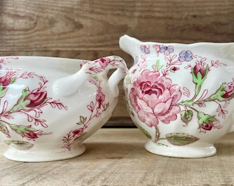 Johnson Bros Rose Chintz Creamer and Sugar Bowl Set, Vintage English Floral Transferware