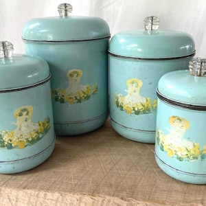 Set of 4 Extra Large Aqua Metal Nesting Canisters, Sunbonnet Sue Lithograph, Mid-Century Kitchen