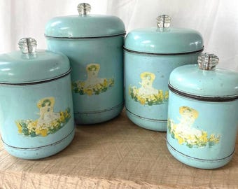 Juego de 4 botes apilables de metal extragrandes color aguamarina, litografía de Sunbonnet Sue, cocina de mediados de siglo.