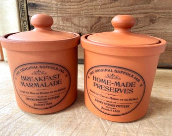 Juego de 2 tarros de terracota Suffolk originales de Henry Watson, artículos de cocina rústicos de estilo granja.