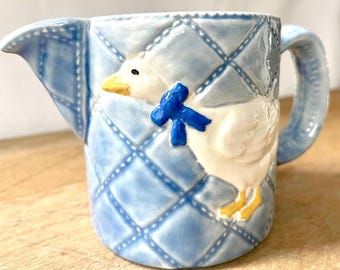 Silly Goose Ceramic Creamer, Otagiri Blue Quilted Goose Japan, Grandmillenial Cottagecore