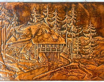 Large ‘81 Copper Relief Repousse Wall Art, German Handarbeit, Forest Scene, Rustic Cabin Farmhouse Decor