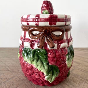 Raspberry Jam Jar Vintage 6" Canister, Cottagecore Kitchen Berry Sugar Pot, Shabby Country Display