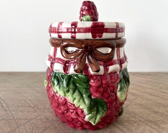 Raspberry Jam Jar Vintage 6" Canister, Cottagecore Kitchen Berry Sugar Pot, Shabby Country Display