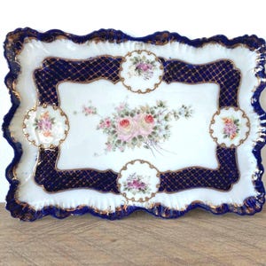 Antique Porcelain Serving Platter, Cobalt Blue Gold Victorian Rose Vanity Tray