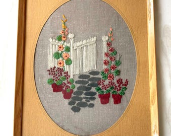 1970s Crewel Embroidery Garden Gate Art, Oak Frame, Cottagecore Wall Decor