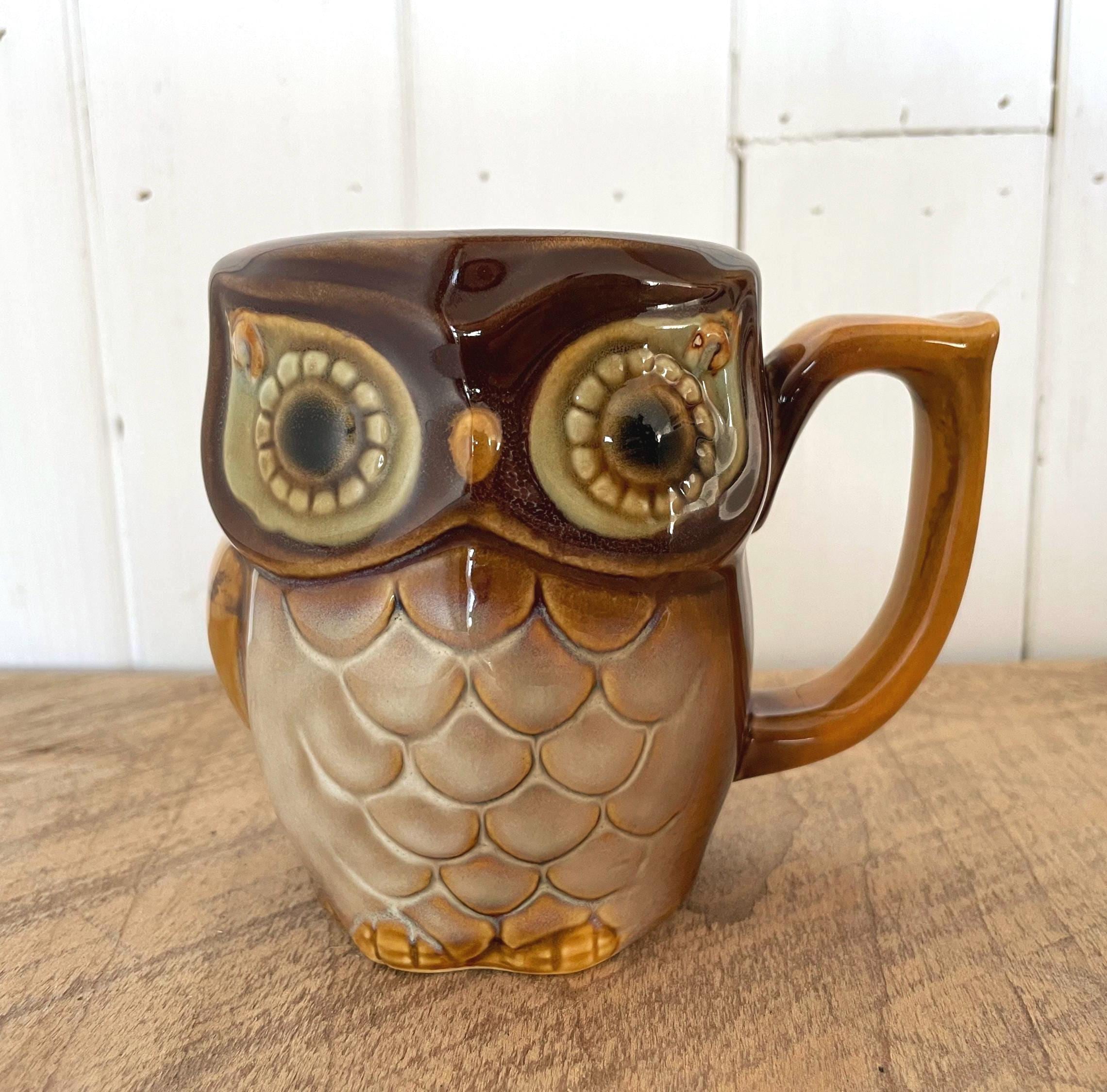 Vintage Owl Mug, Anthropomorphic Bird Mug, Ceramic Glaze Coffee Cup