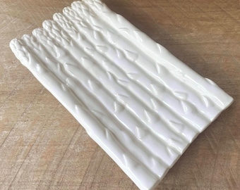 Rare Loucarte Portugal Ceramic Asparagus Serving Platter, White Vintage Majolica Tray