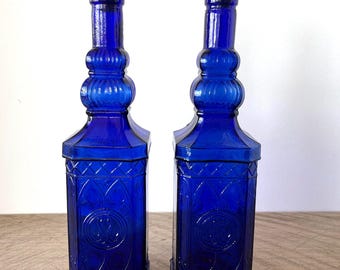 Ornate Cobalt Blue Glass Cruets, Spanish Seaside Cottage Chic Bottles