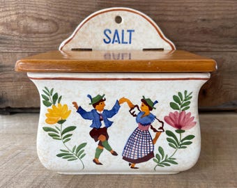 Boîte à sel paysanne des Alpes, support mural en céramique d'art populaire allemand, cuisine rustique