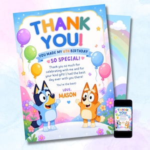 Bluey Thank You Card Template Editable Canva, Blue Dog Birthday Thank You Note, Instant Download, Printable Party Card