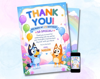 Bluey Thank You Card Template Editable Canva, Blue Dog Birthday Thank You Note, Instant Download, Printable Party Card