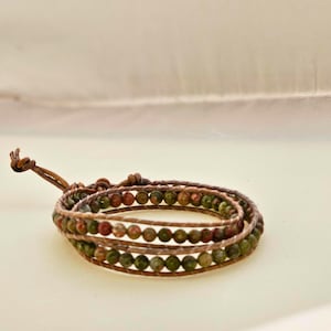 Beaded double wrap leather bracelet, uankite bead wrapped bracelet, gift for her, gemstone, pink and green, back to school