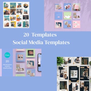 Może przedstawiać: Kolekcja szablonów mediów społecznościowych o różnych wzorach i układach. Obraz zawiera tekst "20 Templates Social Media Templates" i "20 Instagram Posts Templates" z logo Canva. Szablony są wyświetlane w formacie siatki, prezentując różne motywy i style.