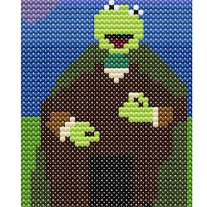 May include: A pixelated image of a green frog-like character in a brown coat and black pants, standing against a blue sky with pink clouds. The character has white eyes and a green tie.