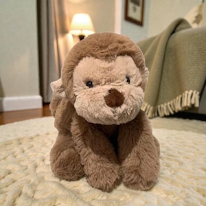 Pode incluir: Um brinquedo de macaco de pelúcia marrom com um rosto marrom claro e um nariz marrom escuro. O bicho de pelúcia está sentado em um tapete texturizado creme. O fundo inclui um sofá com um cobertor verde e uma lâmpada acesa.