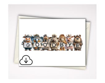 Puede incluir: Una tarjeta de felicitación rectangular con una fila de siete animales de dibujos animados, incluyendo un toro, elefante, morsa, oveja, león, vaca y oso. Cada animal sostiene un cartel, formando colectivamente la palabra GOODBYE en letras negras.