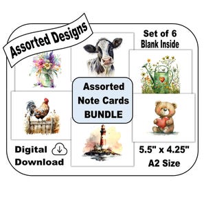 Könnte beinhalten: Ein digitales Download-Paket mit 6 leeren Grußkarten im Format 13,97 cm x 10,8 cm. Die Karten zeigen verschiedene Aquarellmotive, darunter einen Blumenstrauß, eine Kuh, eine Gießkanne, einen Hahn, einen Leuchtturm und einen Teddybären mit Herz.