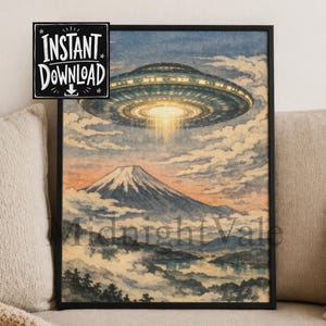 May include: Framed art print featuring a watercolor painting of a UFO hovering over a mountain, with a beam of light shining down. The sky is filled with clouds, and the text "Instant Download" is in the upper left corner.