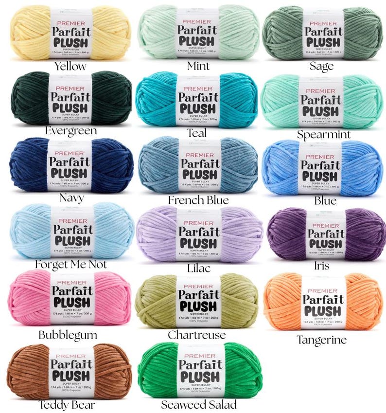 May include: A collection of Premier Parfait Plush yarn skeins in various colors, including yellow, mint, sage, evergreen, teal, spearmint, navy, French blue, blue, forget me not, lilac, iris, bubblegum, chartreuse, tangerine, teddy bear, and seaweed salad.