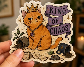 Pegatina del Rey del Caos, Gato Naranja, Meme Divertido, Gato, Calcomanía Impermeable Troquelada