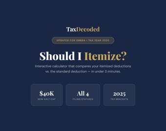 Calculadora de impuestos 2025 / Detallar vs. Deducción estándar / Límite de impuestos SALT de OBBBA (Descarga digital)