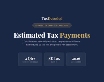 Calculadora de Impuesto Estimado 2026 / Pagos Trimestrales, Impuesto SE, Puerto Seguro (Descarga Digital)